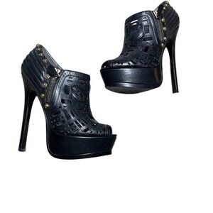 Monika Chiang Womens Black Cutout Platform Stiletto Peep Toe Booties Studs